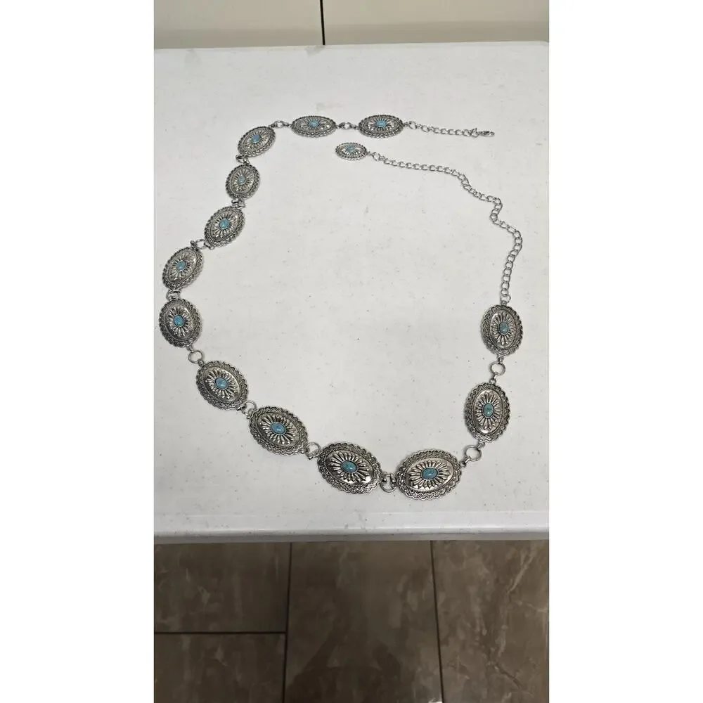 Beltiscool Women's Western Oval Turquoise Stone Concho Chain Belt